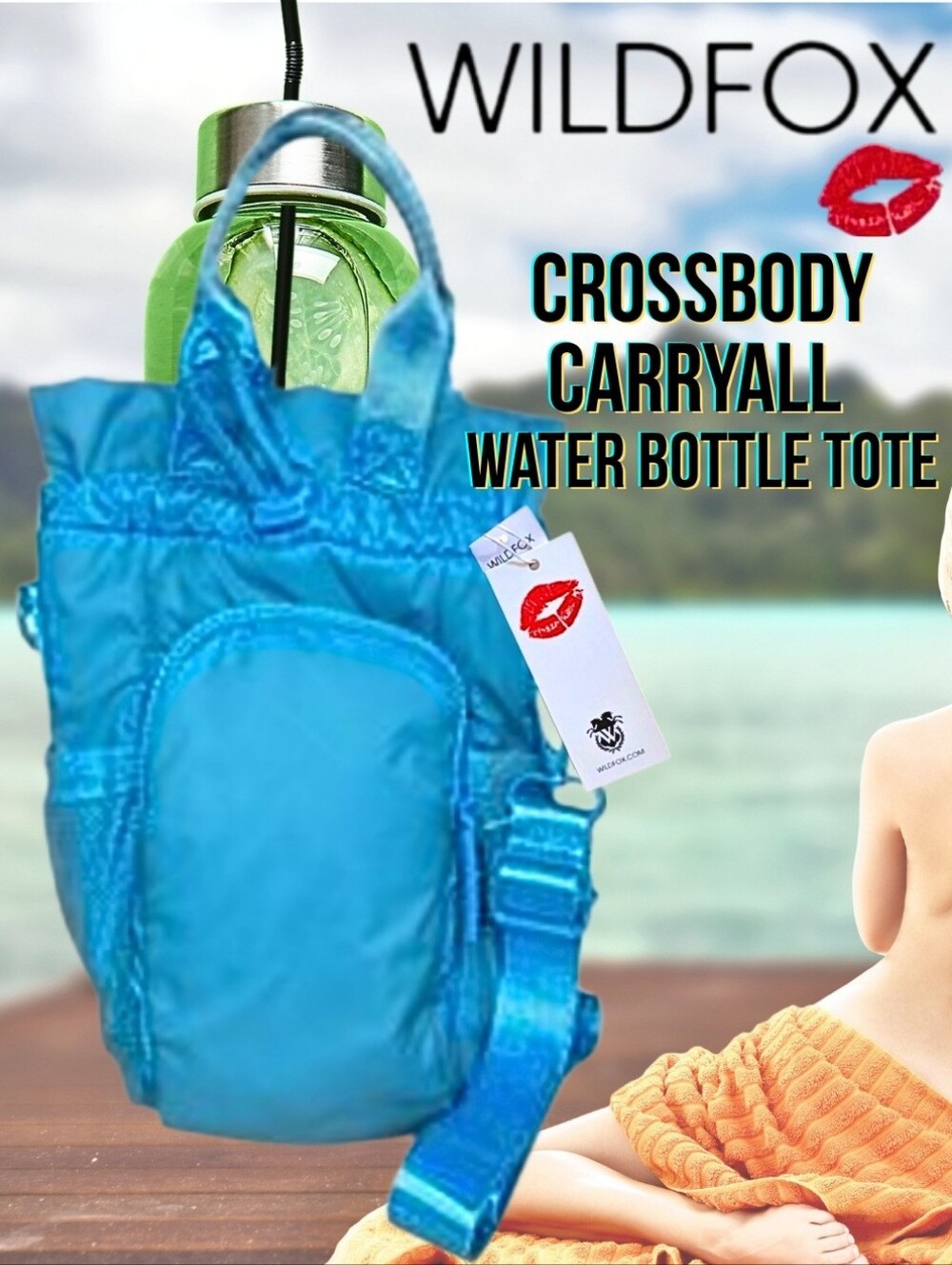 Wildfox Light Blue Crossbody Carryall Tumbler Water Bottle Summer Time Tote New